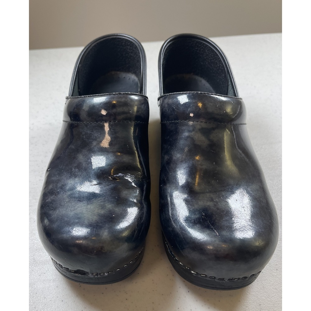 Dansko Clogs Black Marble Leather Comfort Slip On Shoes -‎ Women's 38 (7-1/2)